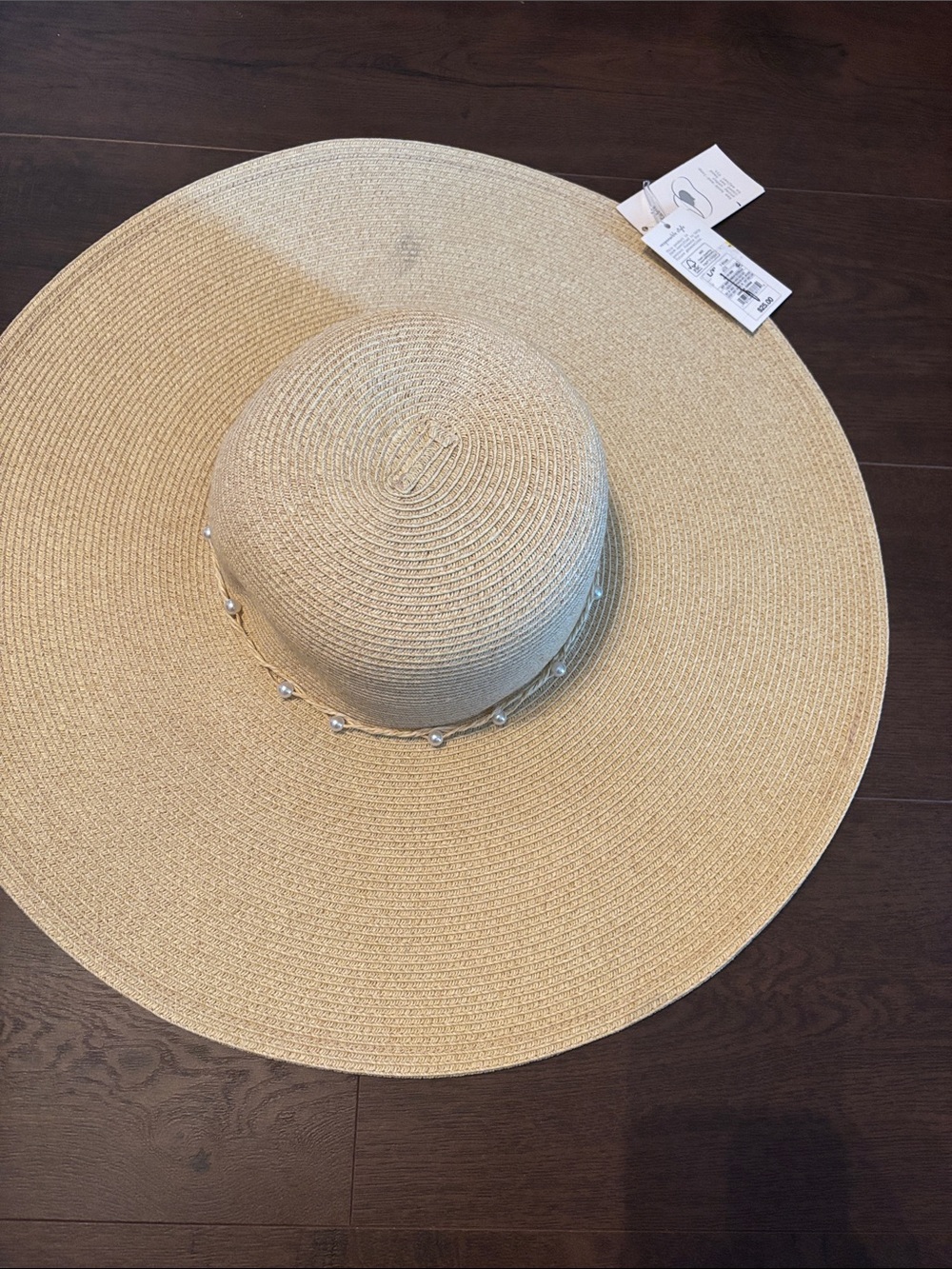 Wide-Brim Straw Sun Hat with Pearl Trim - Natural